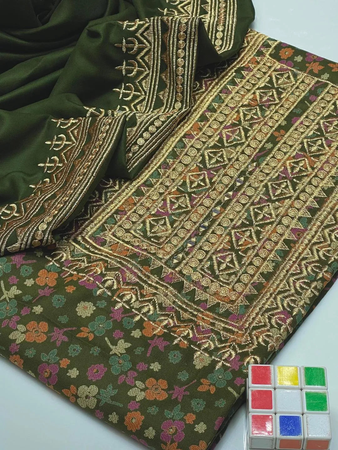 Green Sequins Women's Unstitched Suit 2 Pcs Dhanak