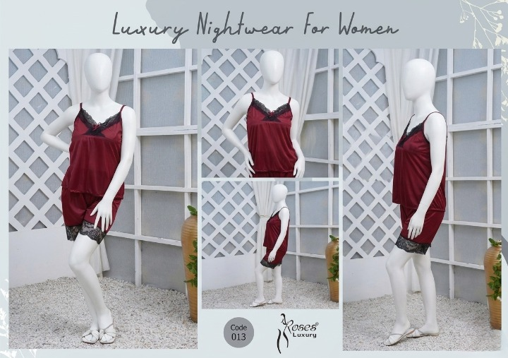 Women's Silk Nightwear Set with Black Lace – 2 Piece Cami Top & Shorts Sleepwear (Free Size) [SKU R-013] - Red