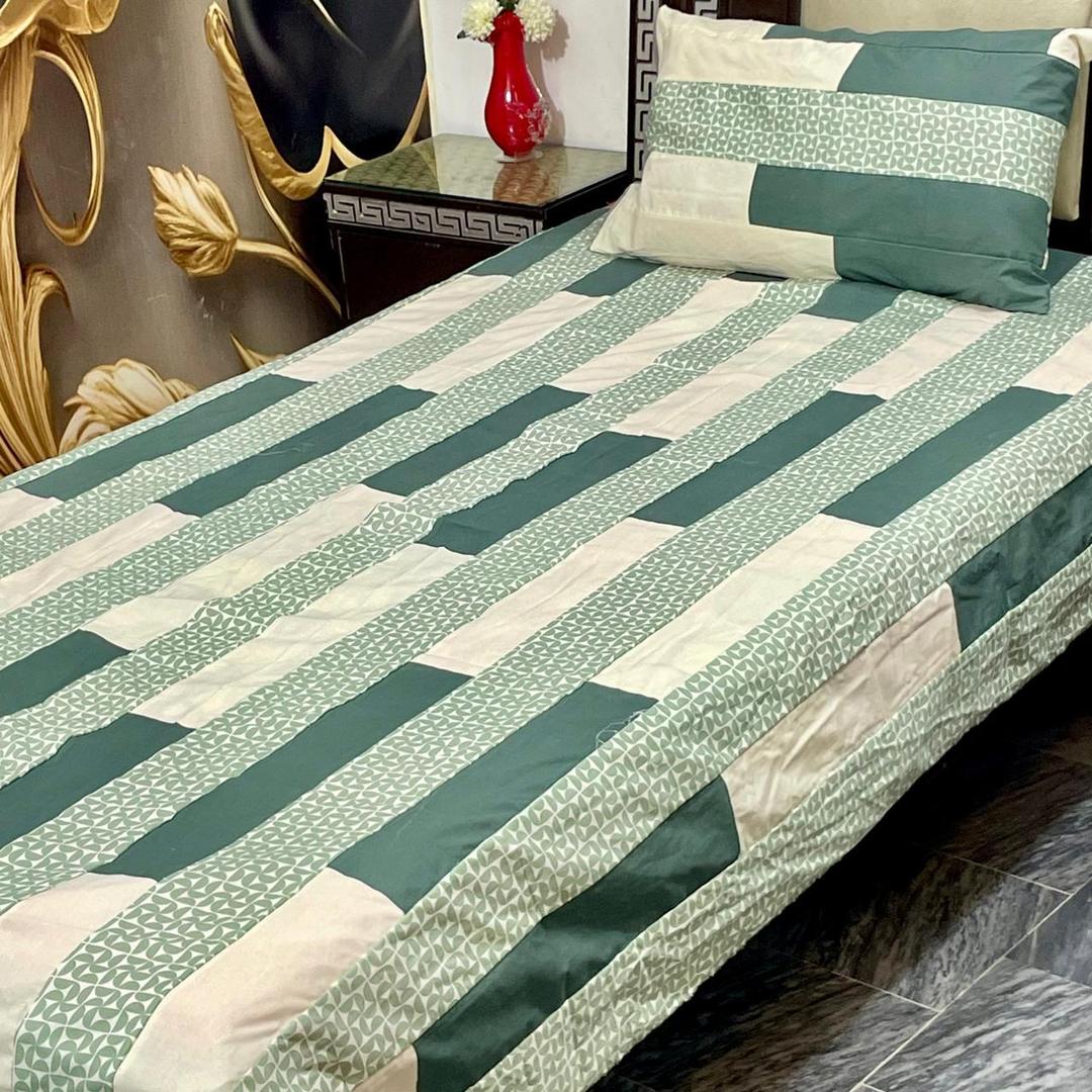 Single Bed Cotton Patchwork Bedset Green Cream 90x60