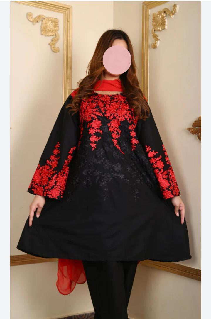 Black Red Embroidered 2-Piece Women's Suit