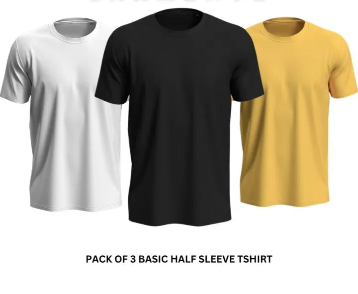 Pack of 3 Premium Half Sleeves Round Neck Plain Color T-Shirts for Men & Boys – Soft Comfortable Fabric (Size Medium)