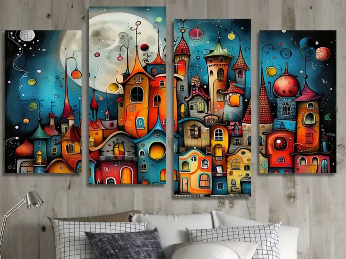 Abstract Fantasy City Wall Art Canvas Set – Colorful Modern Decorative Panels (Size : 2pcs 8*14 & 2pcs 8*16)
