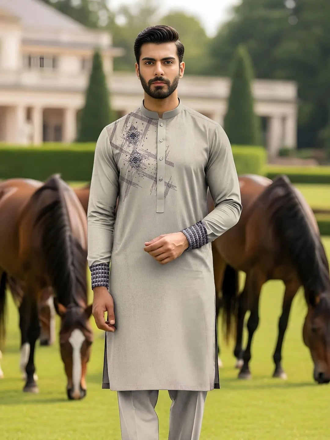 Men Cotton Embroidered Kurta Trouser Set Off White Summer