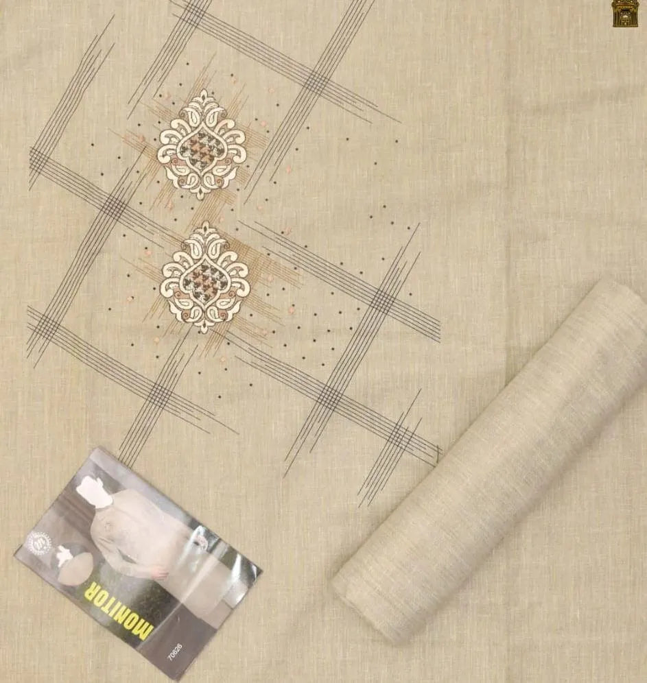 Men Cotton Embroidered Kurta Trouser Set Off White Summer