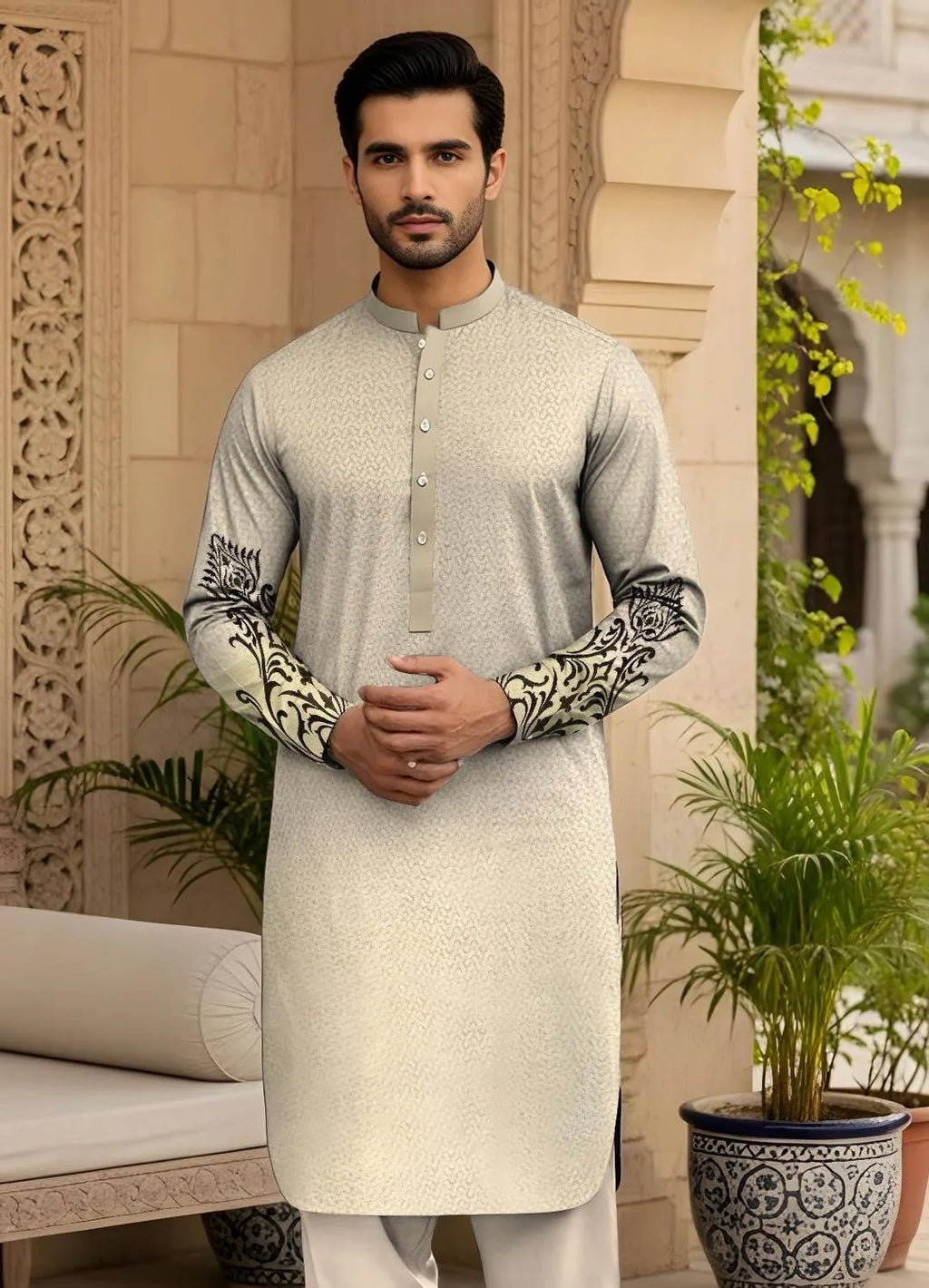 Unstitched Cotton Kurta Off-White Black Embroidery Summer Wear
