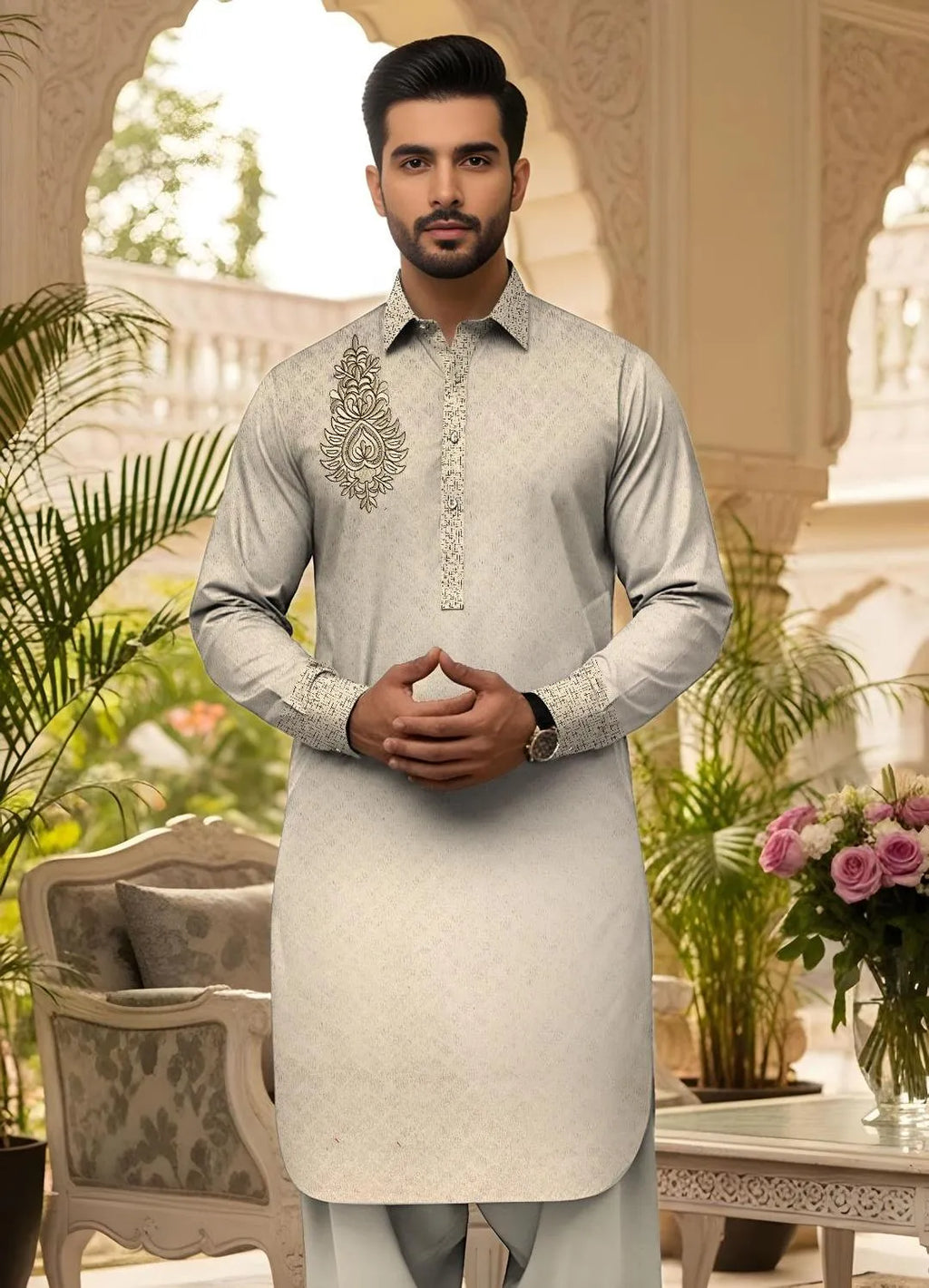 Men Cotton Embroidered Kurta Set Off White Eid Wedding