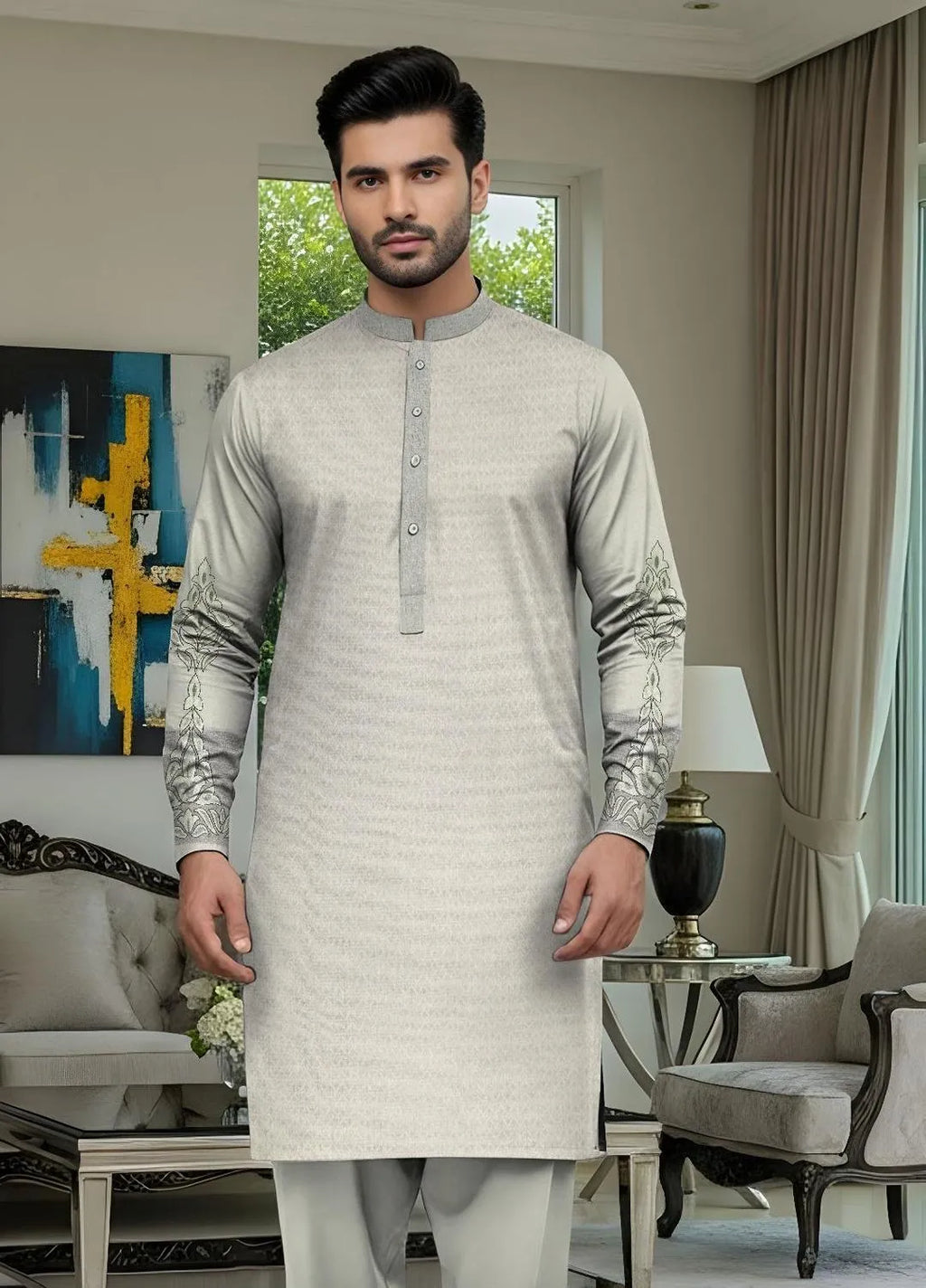 Men Cotton Kurta Set Off White Embroidered Eid Wedding