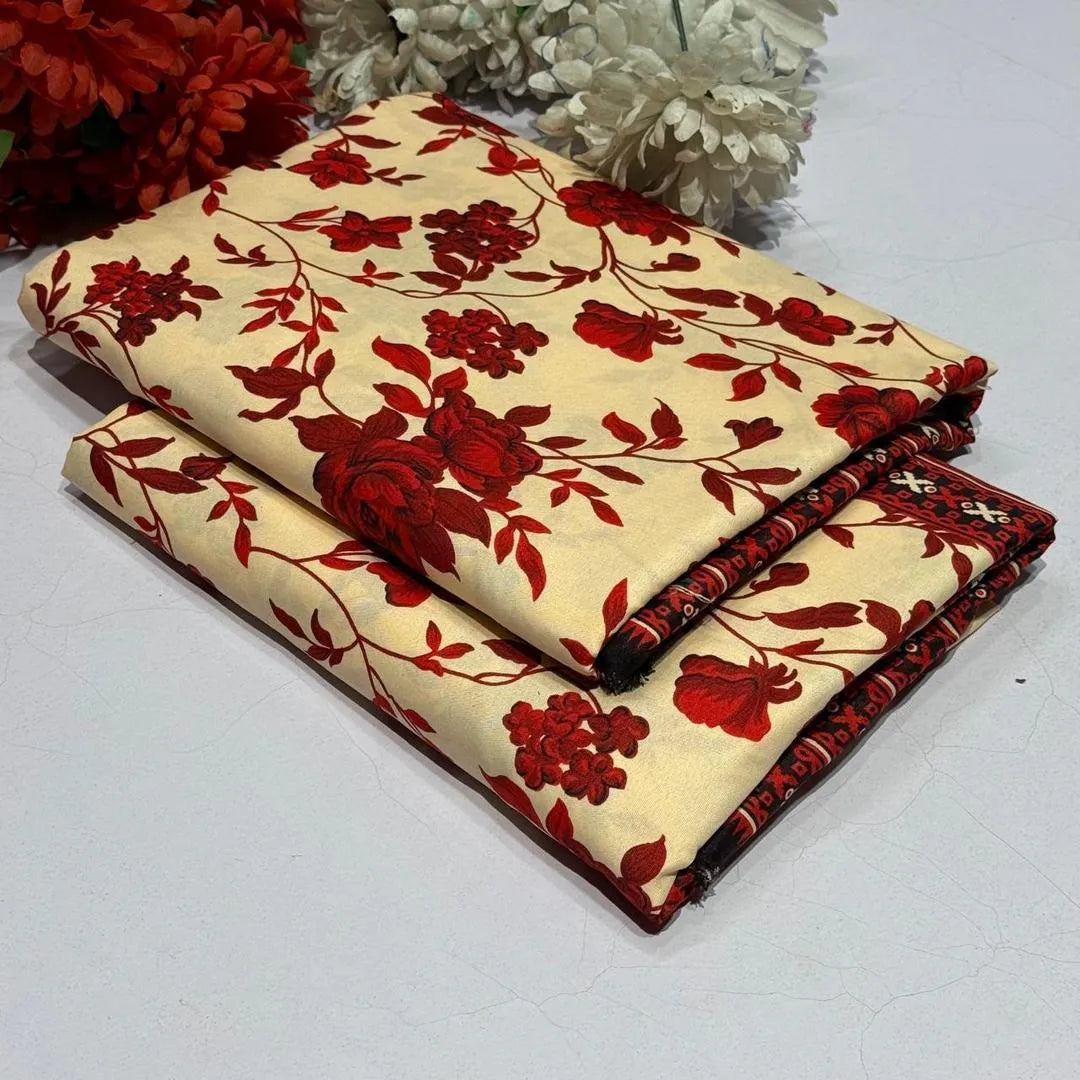 Women Printed Floral Suit Red Cream Unstitched 2M