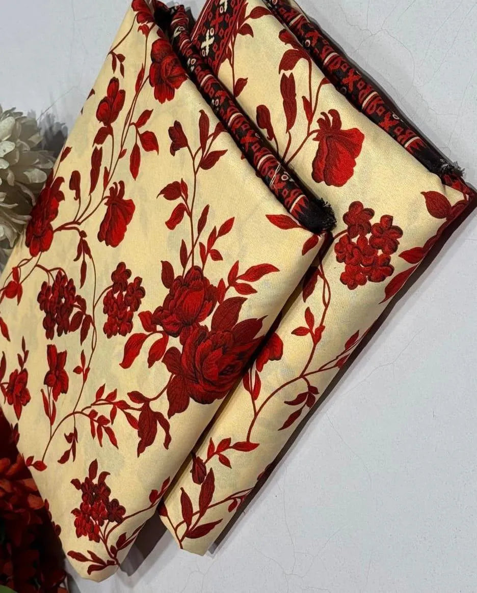 Women Printed Floral Suit Red Cream Unstitched 2M