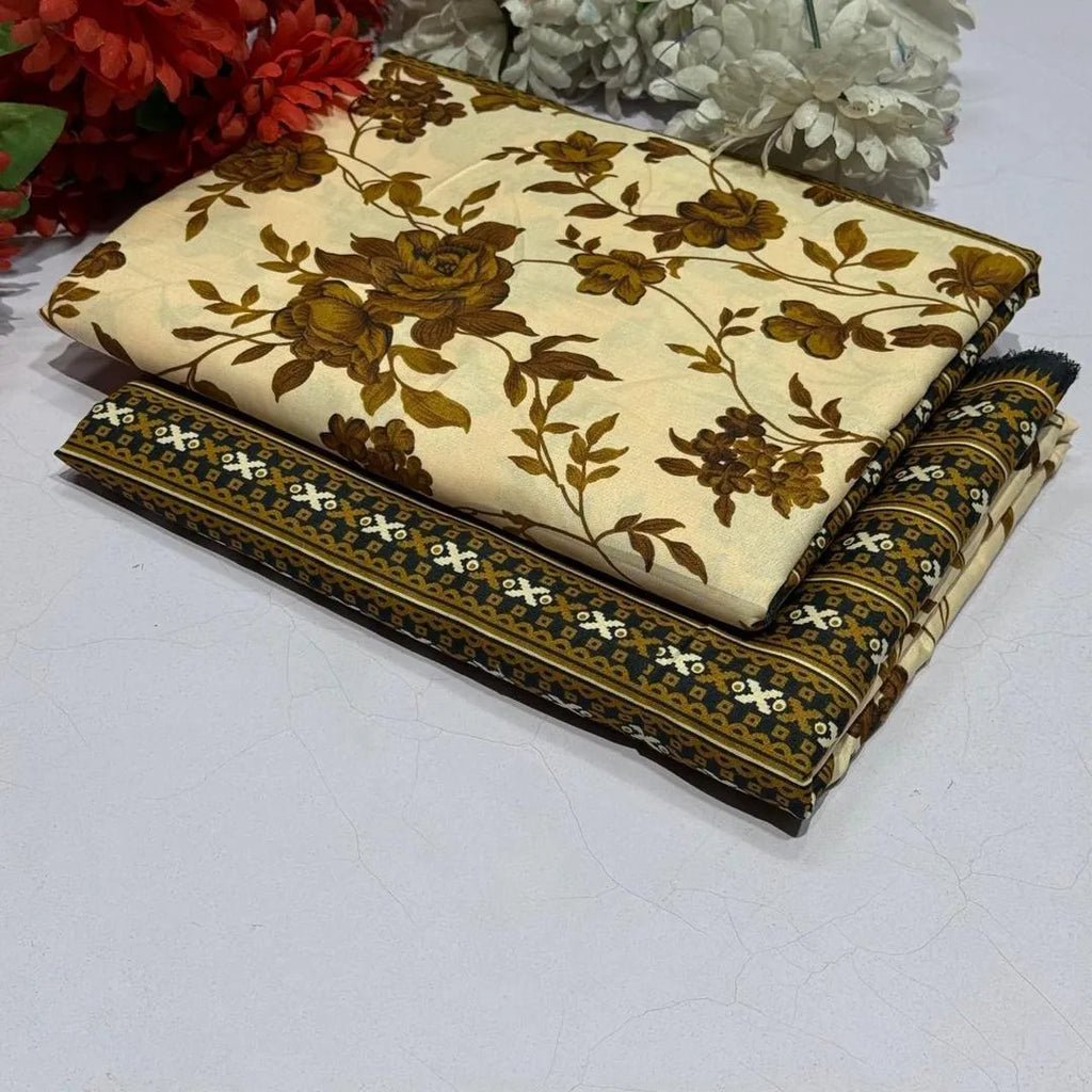 Women Printed Floral Suit Golden Polo Cotton 2M