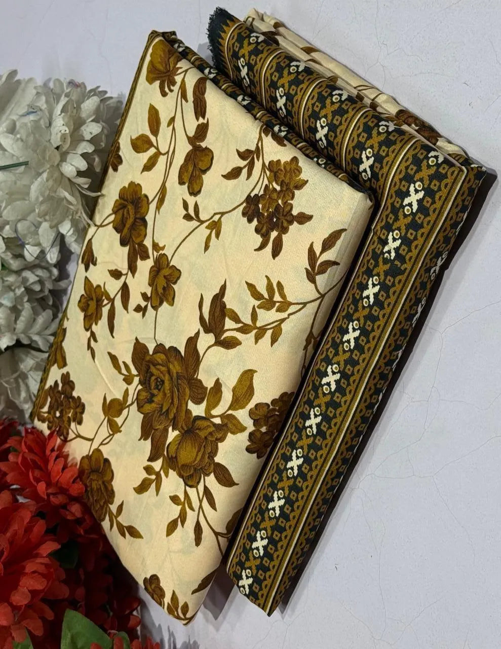 Women Printed Floral Suit Golden Polo Cotton 2M