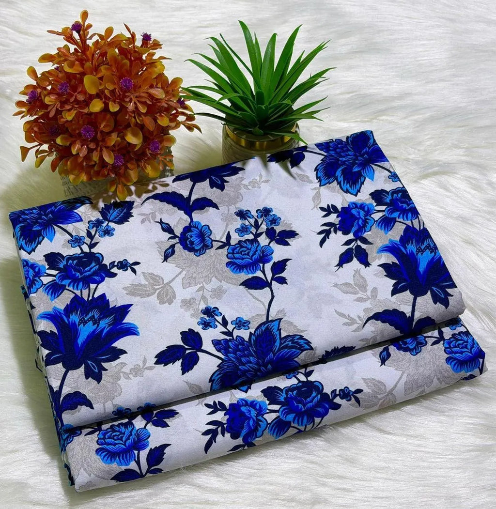 Women Blue Floral Printed Polo Cotton Suit 2Pc Unstitched