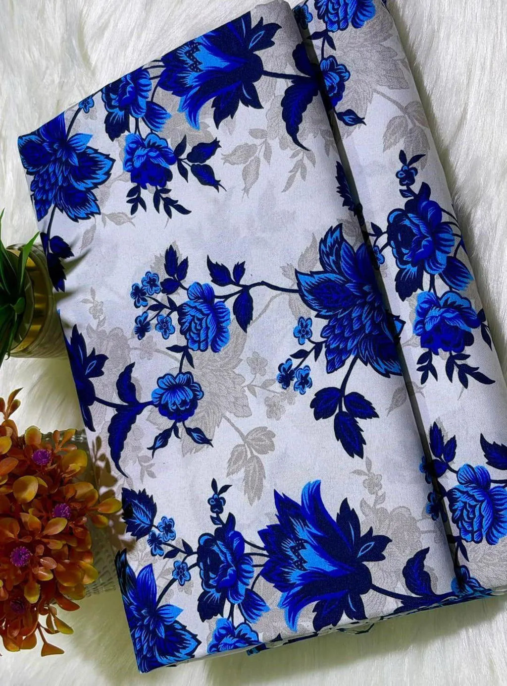 Women Blue Floral Printed Polo Cotton Suit 2Pc Unstitched