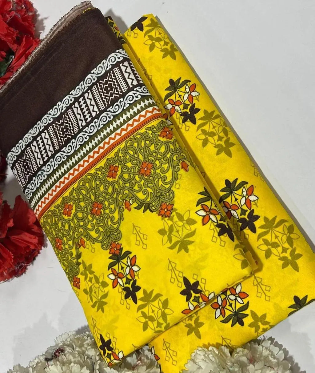Unstitched Printed Suit Yellow Floral Geometric Pattern
