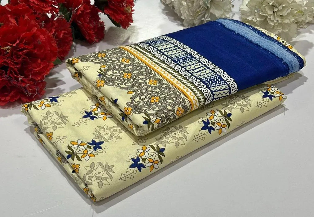 Pakistani Embroidered Cotton Set Blue Yellow Floral Print