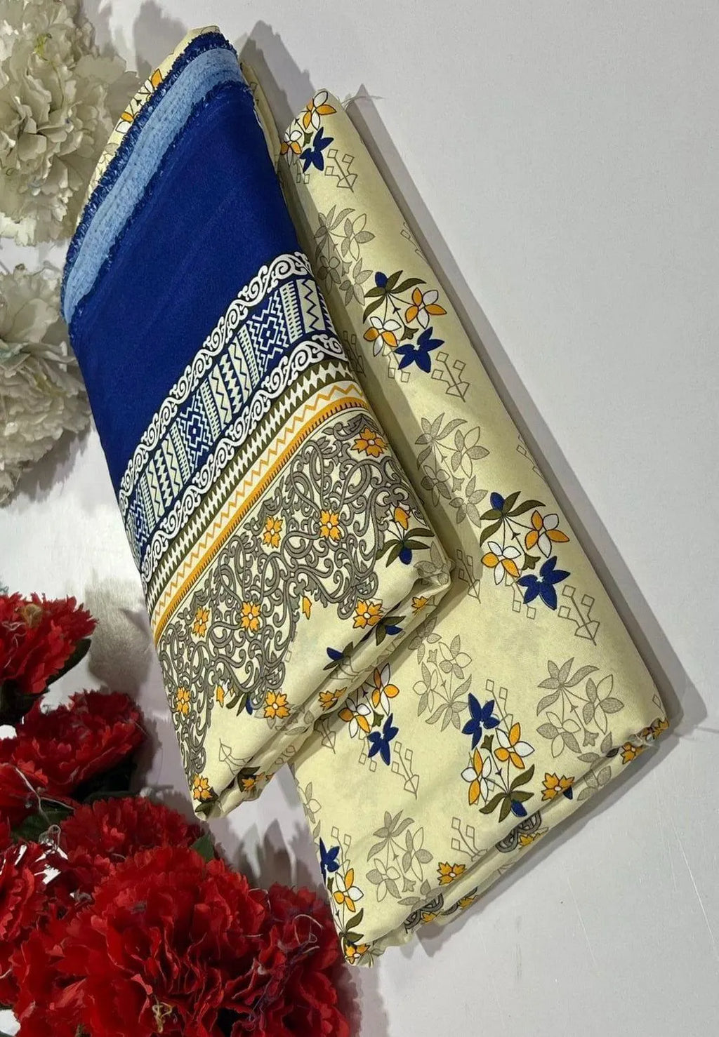 Pakistani Embroidered Cotton Set Blue Yellow Floral Print