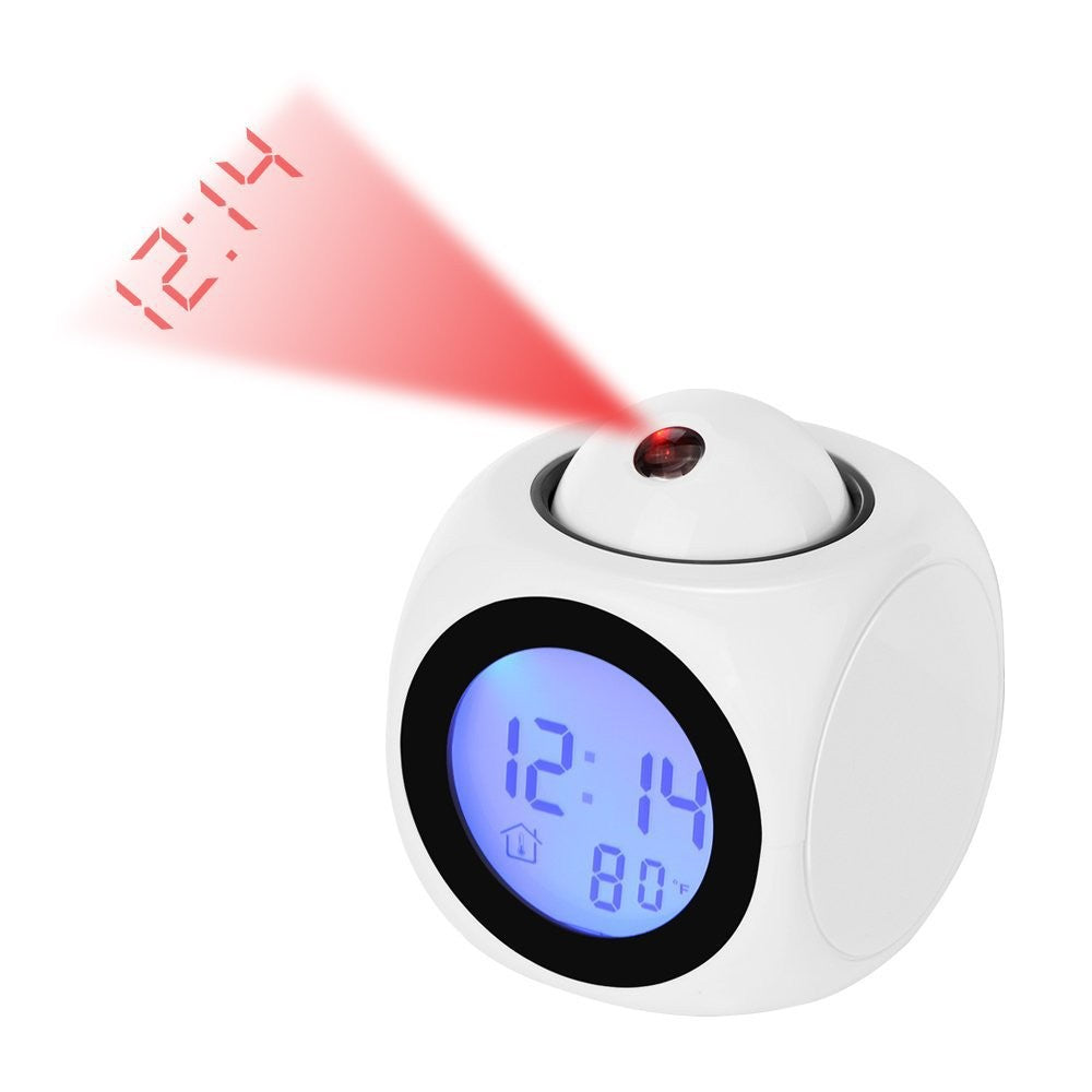 White Projector Alarm Clock with LED Display and Voice Report