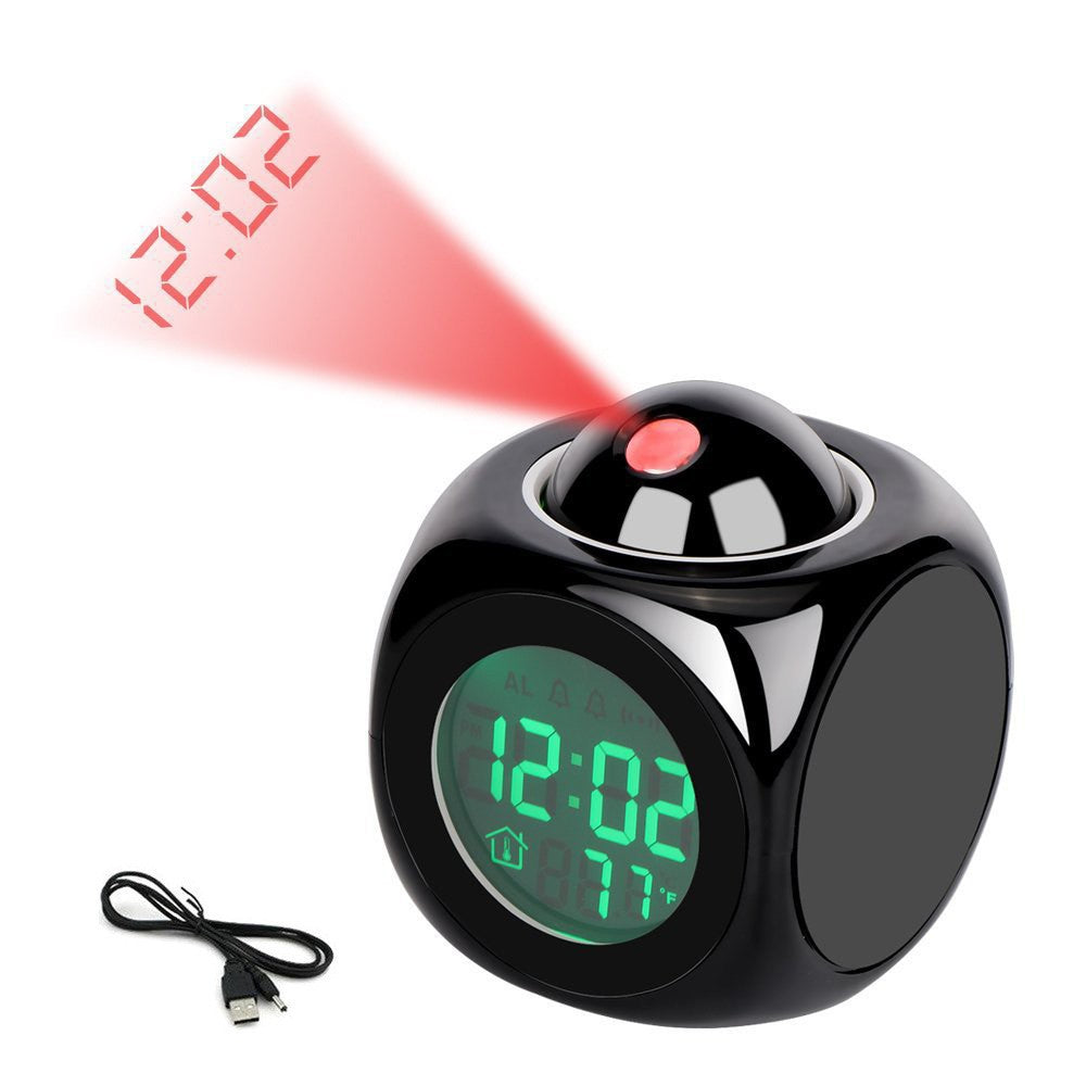 White Projector Alarm Clock with LED Display and Voice Report