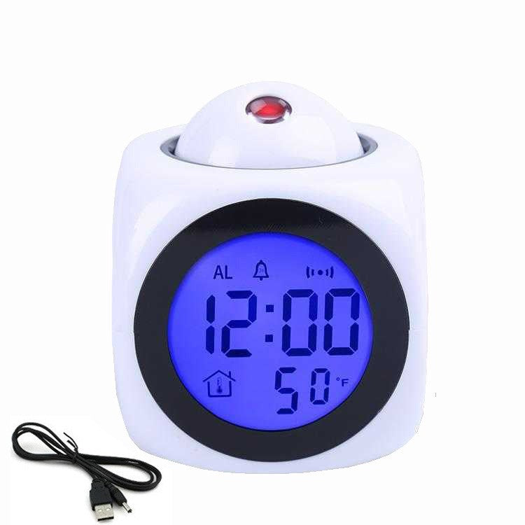 White Projector Alarm Clock with LED Display and Voice Report