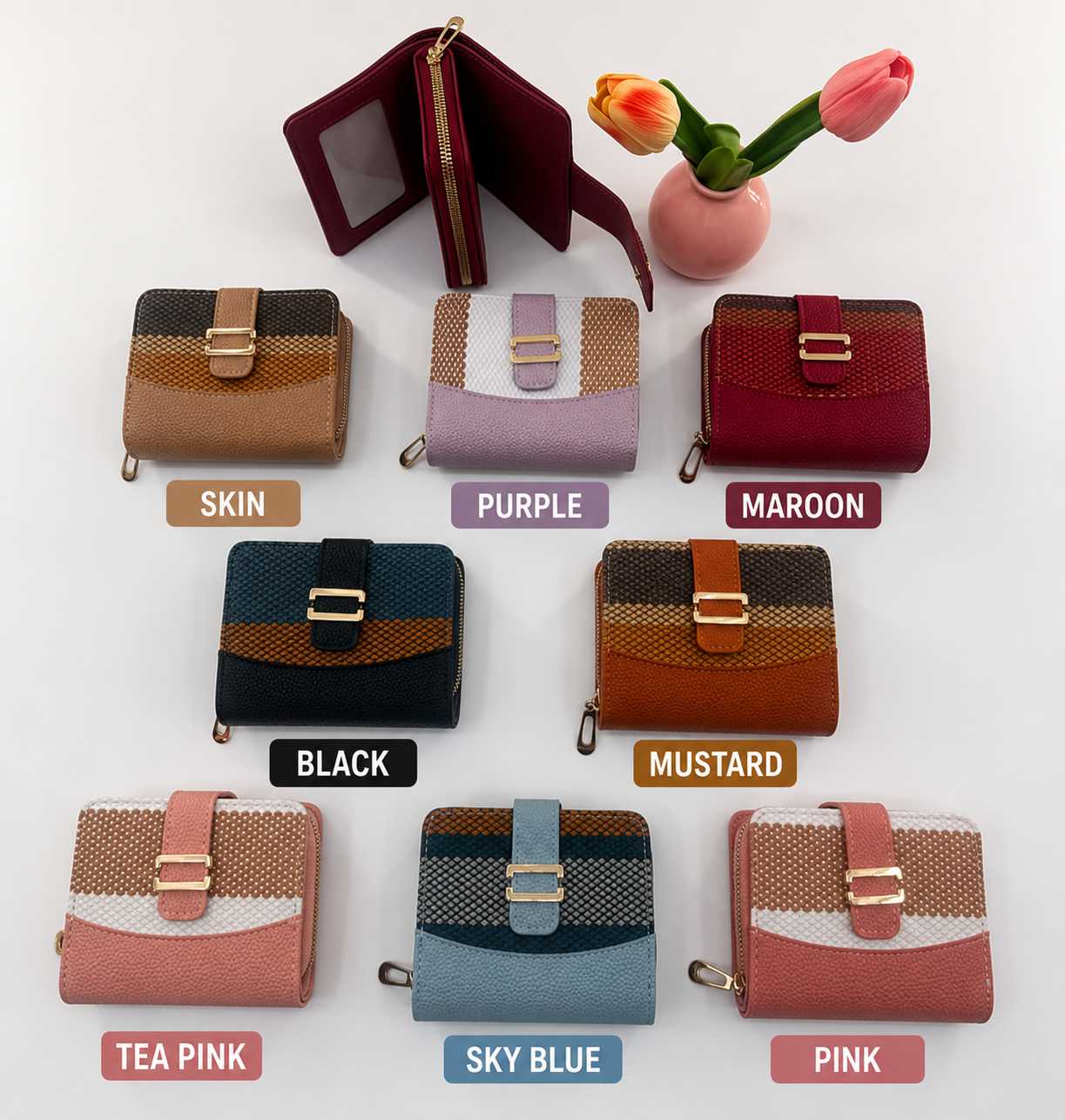 Premium Imported Ladies Check Flap Wallet with Zipper & Card Slots - Skin
