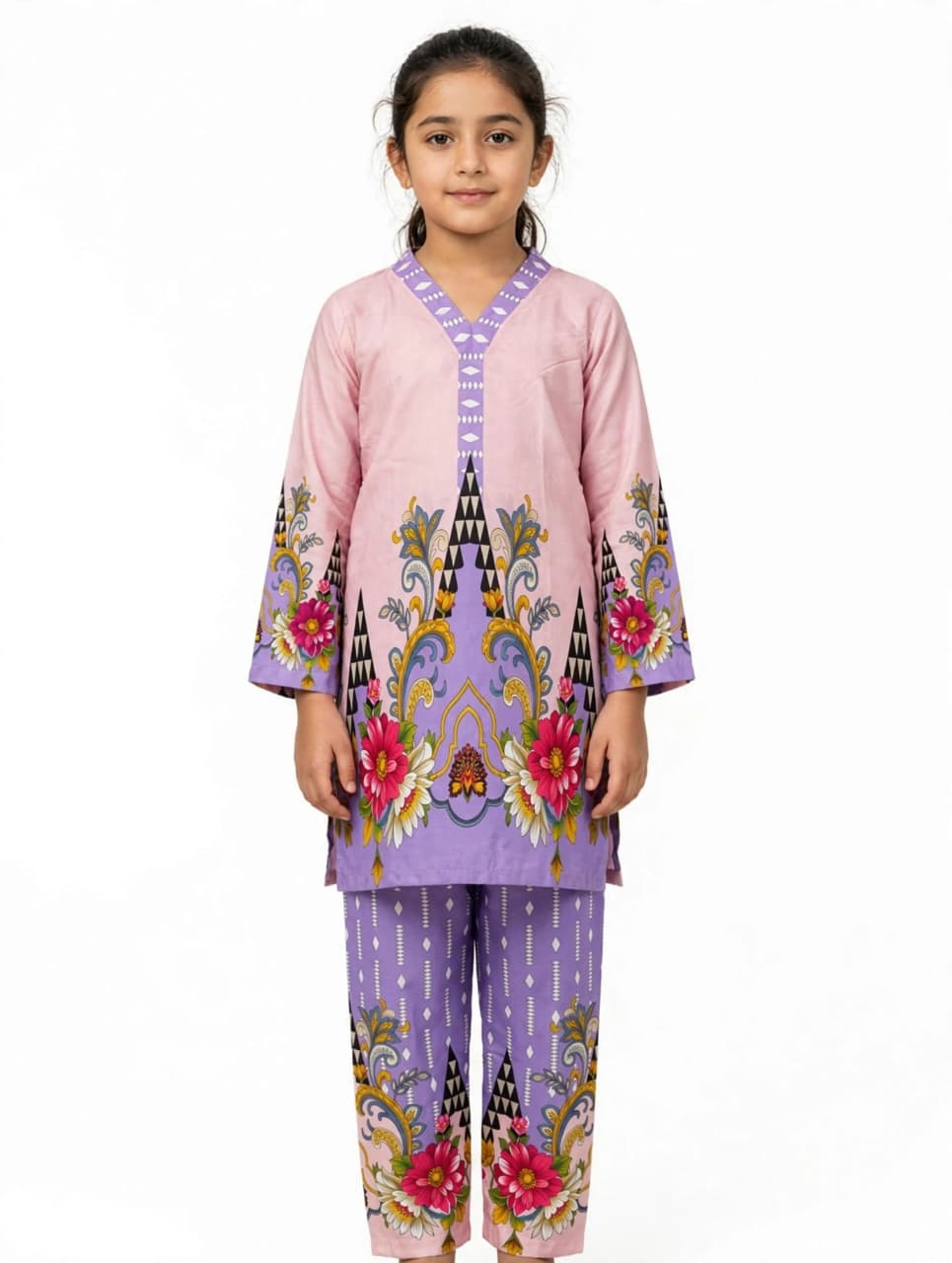 Girls Purple Printed Stitched Co Ord Set With Long Sleeve Shirt And Matching Trouser - Size 7-8