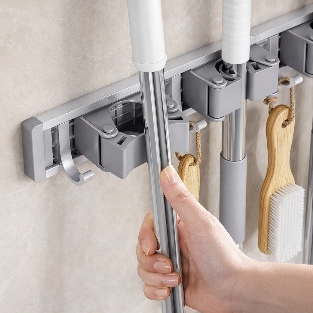 Royal Aluminium Mop & Broom Holder 3 Slots 4 Hooks