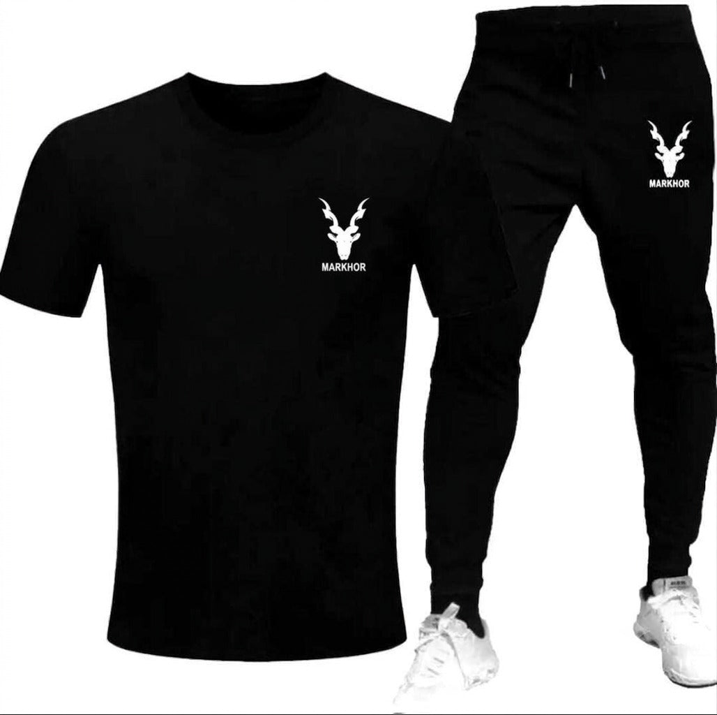 2 PCs Black Trendy Markhor Printed Track Suit for Men & Boys | Soft & Comfortable Summer Wear | Lightweight Breathable Fabric (Medium)