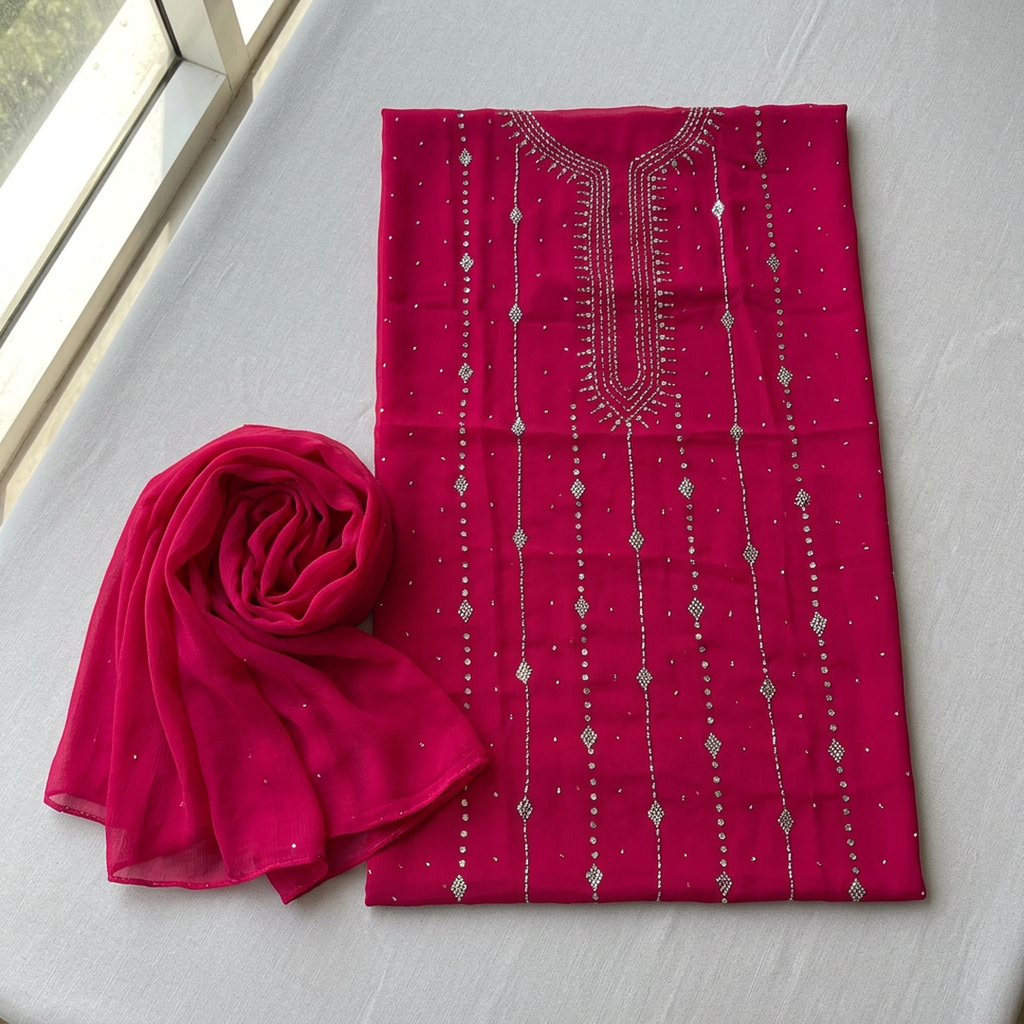 Pink Chiffon Embroidered 2-Piece Suit for Women