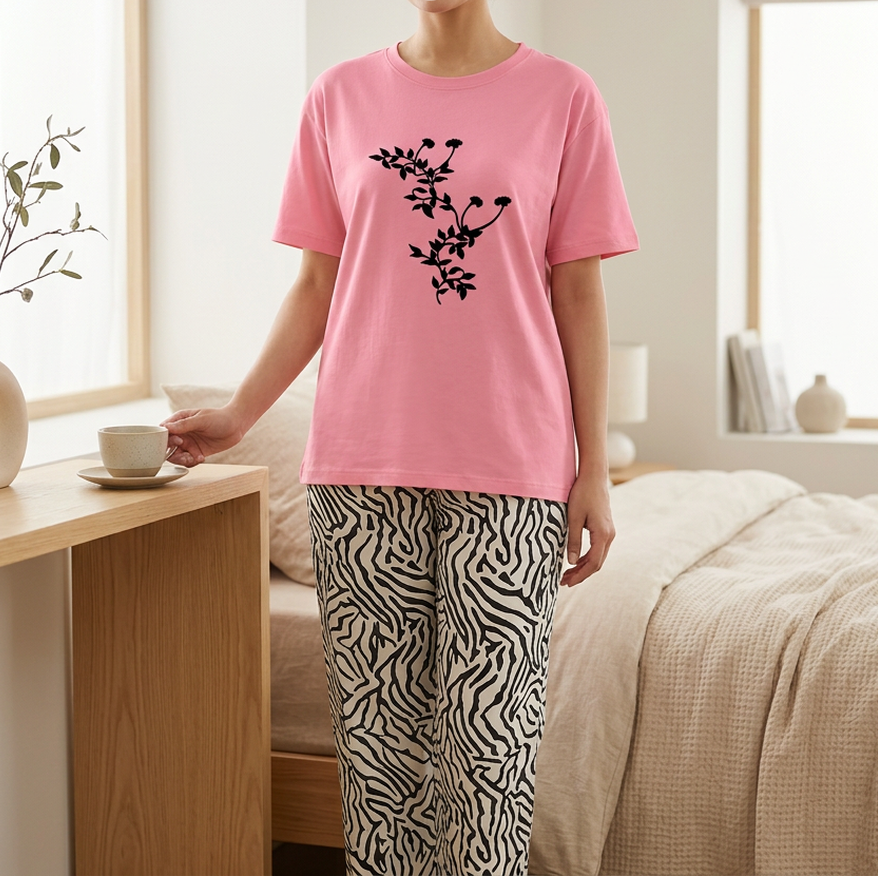 Pink Floral Night Suit with Zebra Print Trousers