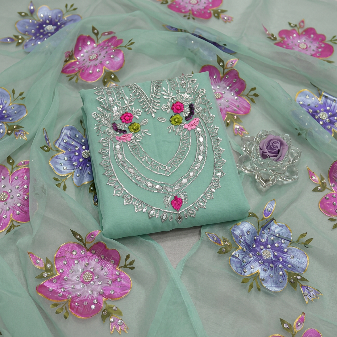 Women Organza Mirror Work Suit Green 2 Pcs with Dupatta