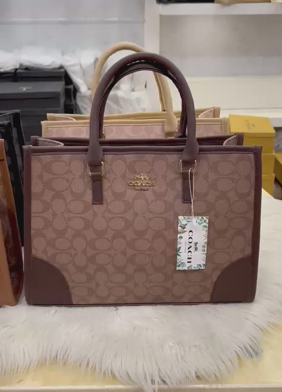 Coach Signature Print Tote Bag for Women with Double Top Handles and Spacious Everyday Carry Design - Brown