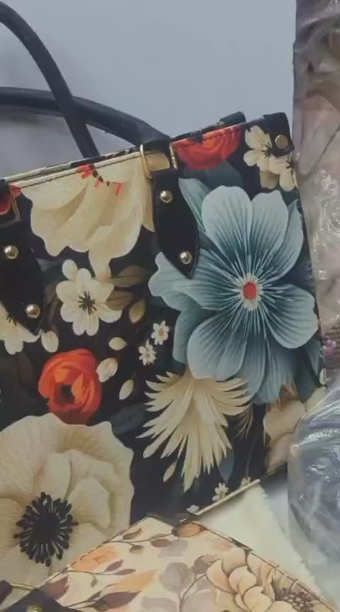 Premium Floral Print Tote Bag – Elegant Handcrafted Shoulder Bag with Top Handles - Brown
