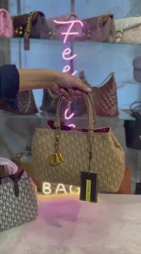 Designer Tote Handbag Monogram Pattern With Golden Charm Elegant Fashion Accessory | Black And White